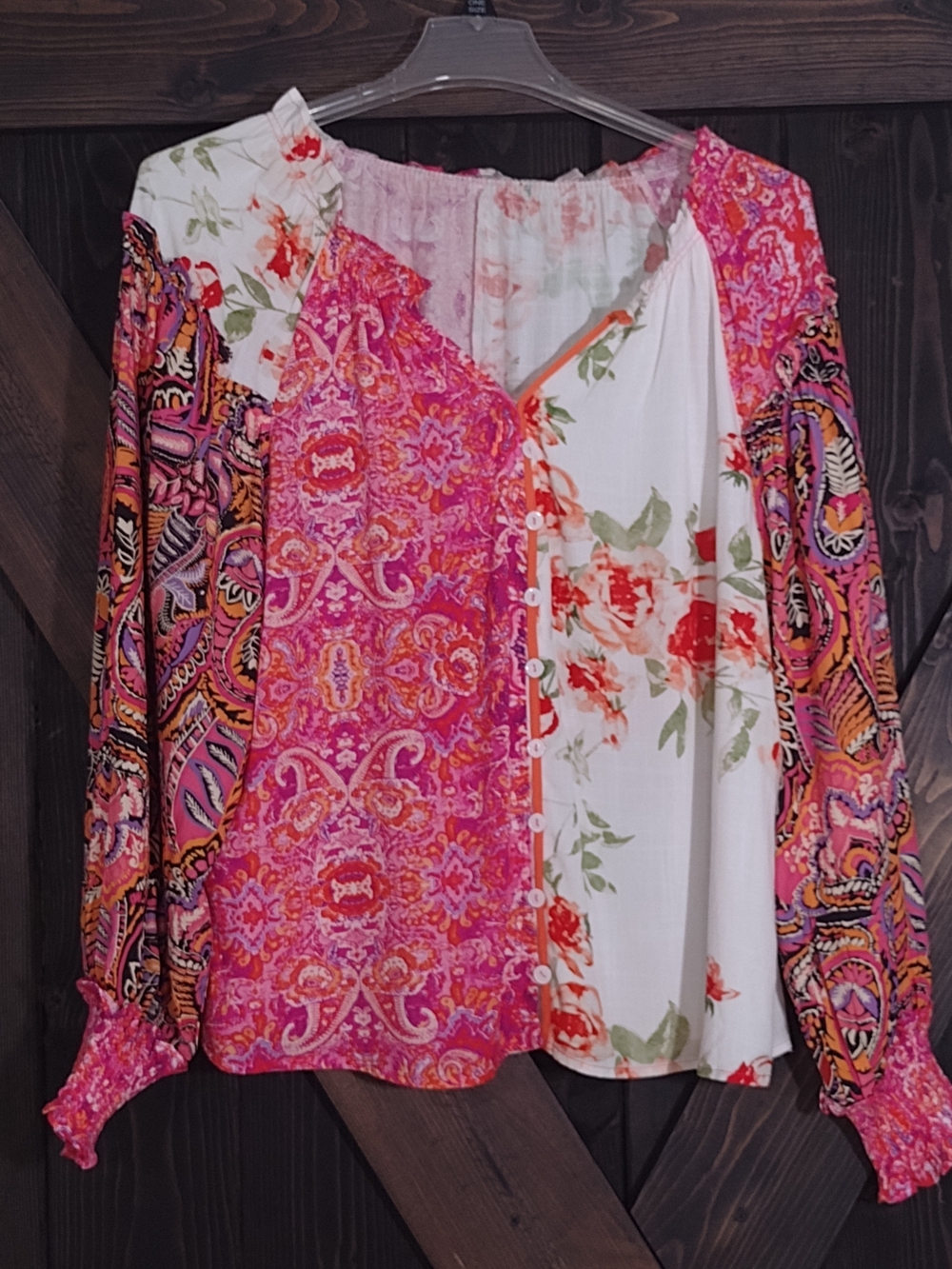 Mixed-Print Pink Floral Patchwork Blouse Size Medium